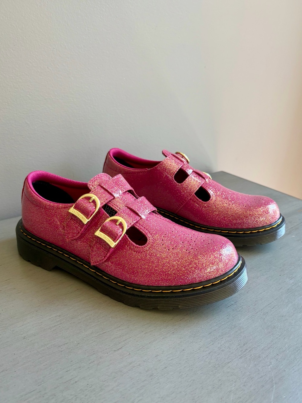 Doc Dr. Martens Pink Glitter Double-Buckle Mary Jane Shoes Boots Women 6 NEW - Picture 2 of 13